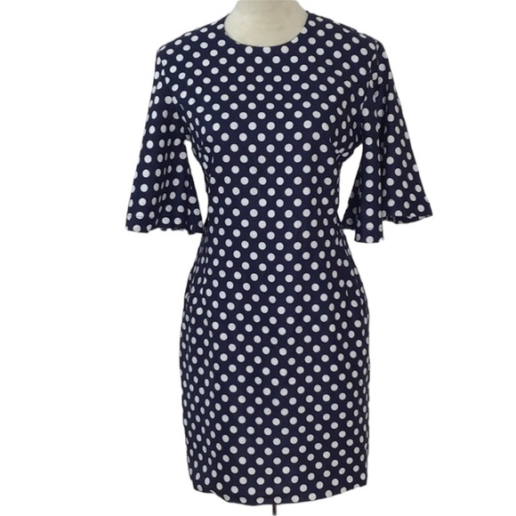 Fumei Blue White Polka Dot Linen Cut Out Dress NEW - Picture 1 of 5